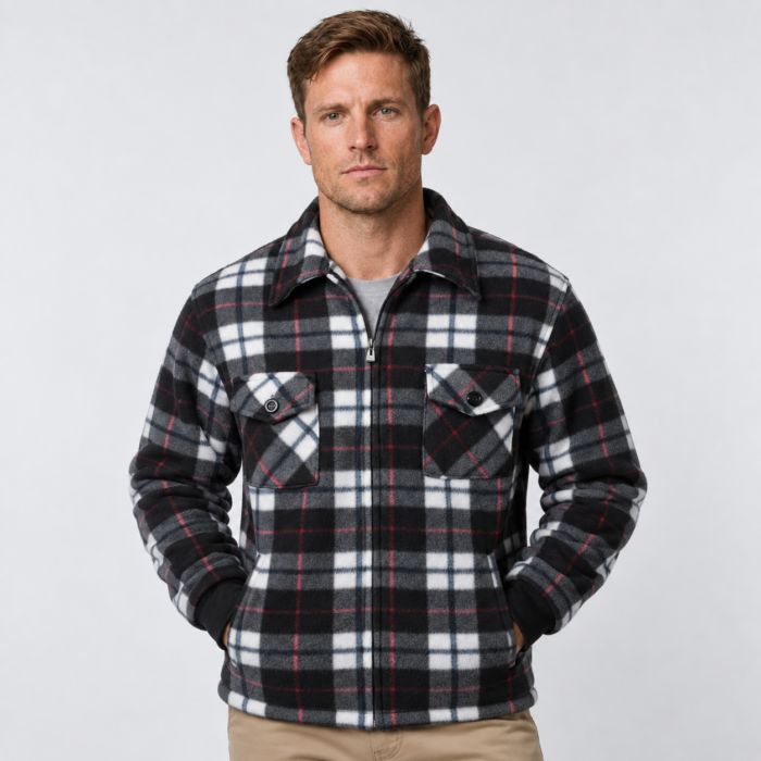 Men's Full-Zip Plaid Fleece Jacket with Fold-Down Collar & Chest Pockets