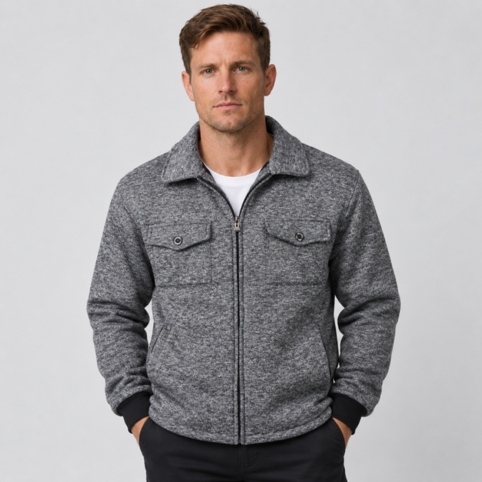 Men's Full-Zip Knit Fleece Jacket with Fold-Down Collar & Chest Pockets