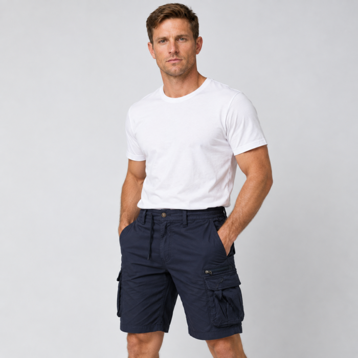 Men's Elastic Drawstring Waist Cargo Shorts in Navy Blue